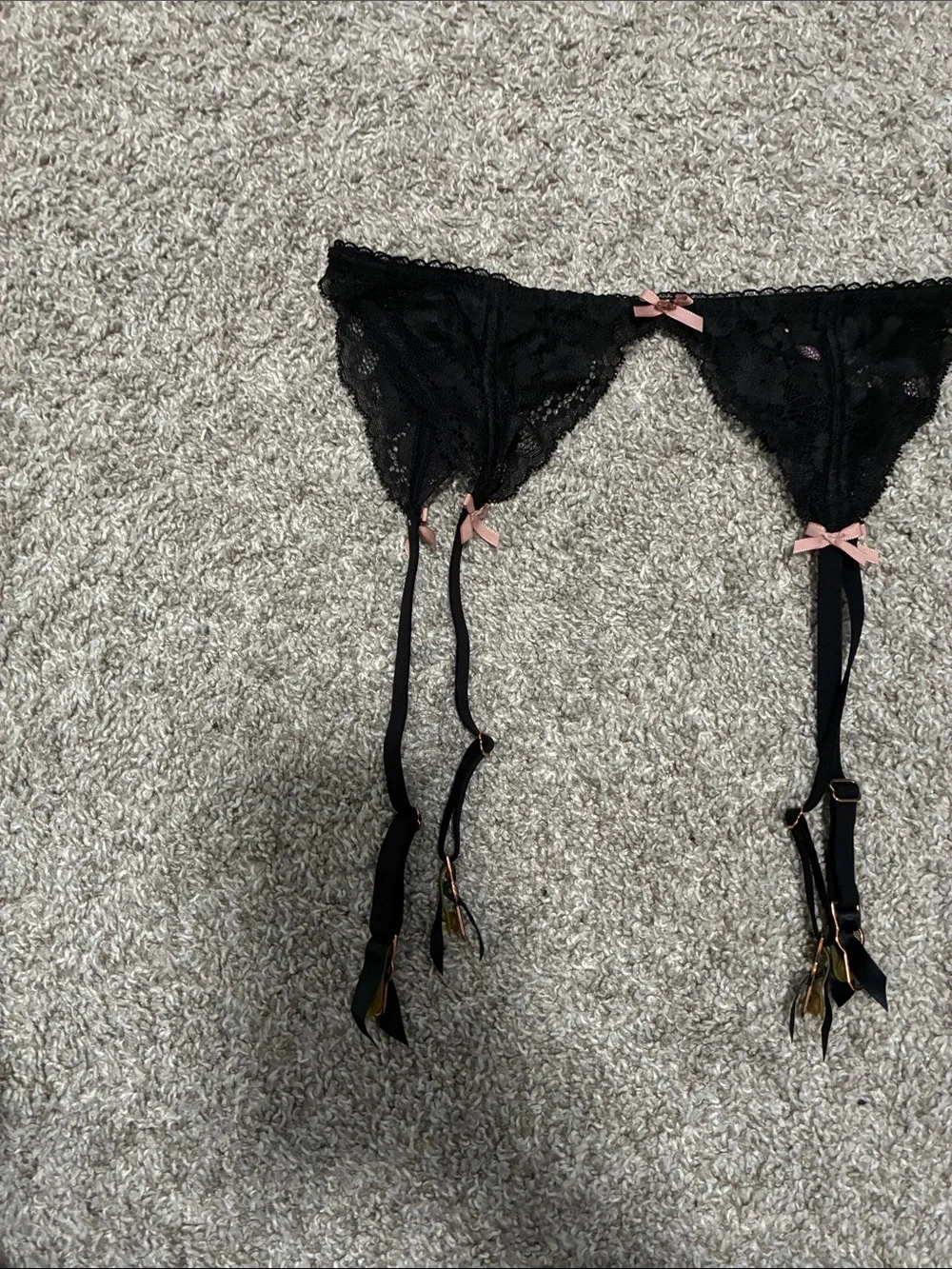 Victoria’s Secret Black Lace Garter Belt with Pink Bow Accents